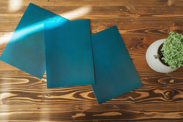 dark blue office folders on a wooden table in istanbul. folders for collecting documents in the...