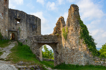 Fototapeta na wymiar Panorama of a dilapidated stone defensive fortress in Dorneck District, Dorneck Castle, Ruine Dorneck