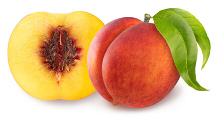 Orange Peach fruit with leaf isolated on white background, Fresh Orange Peach on White Background With clipping path,