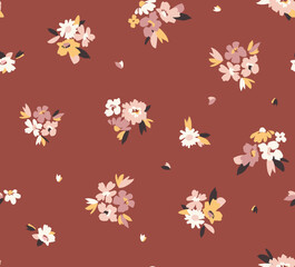 Fototapeta na wymiar Vintage floral background. Floral pattern with small pastel color flowers on a terracotta background. Seamless pattern for design and fashion prints. Ditsy style. Stock illustration.