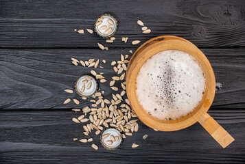 top view, on a cup with beer and seeds