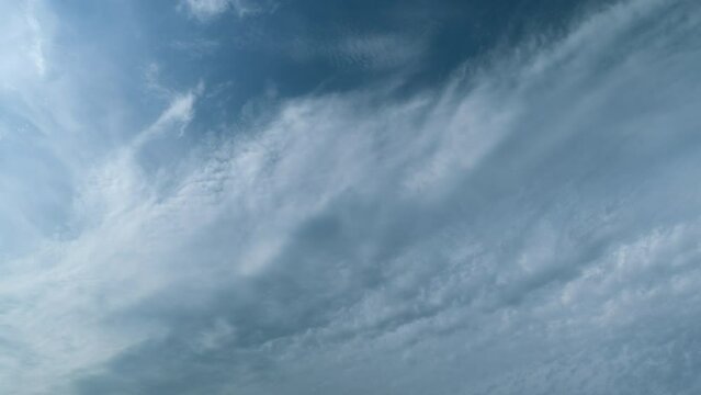 Fluffy layered clouds sky atmosphere. Puffy fluffy white clouds. Formation cloud sky scape. Timelapse.
