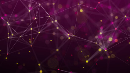 Visualization of big data. The concept of network connectivity . Abstract pink background with lines and dots of different colors. 3D rendering.