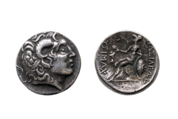 Reverse and obverse of a Greek silver Drachum coin replica of Alexander the Great dated from 336-323 BC, png stock photo file cut out and isolated on a transparent background