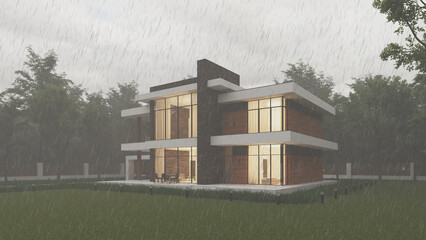 3D visualization of a modern house in the forest. Modern architecture