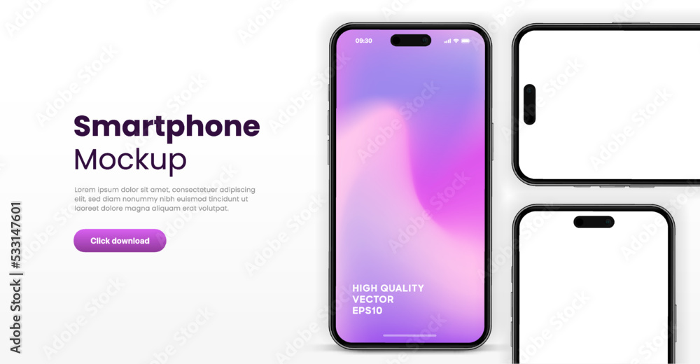 Poster 3D realistic high quality smartphone mockup with isolated background. Smart phone mockup collection. Device front view. 3D mobile phone with shadow on white background.