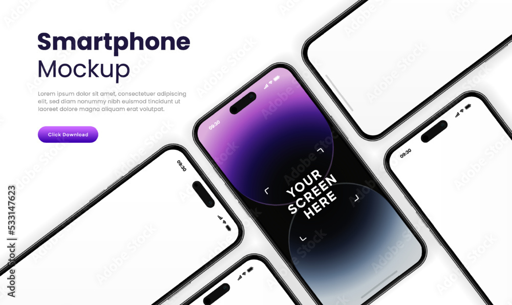 Poster 3D realistic high quality smartphone mockup with isolated background. Smart phone mockup collection. Device front view. 3D mobile phone with shadow on white background.