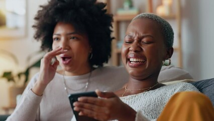 Women, laugh and phone search on dating app profile, internet movie streaming and social media in house living room. Happy smile, comic friends bond or lgbtq black couple on web in home interior sofa - Powered by Adobe