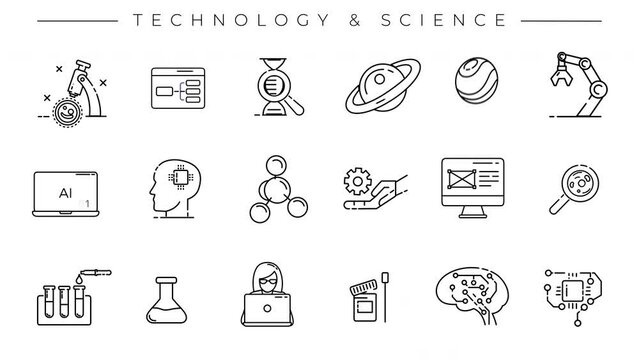 Collection of black line icons on the theme of Technology and Science.