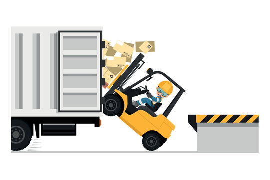 Safety in handling a fork lift truck. forklift overturning Maintain contact with the driver of the truck so as not to move it. Security First. Work accident. Industrial Safety and Occupational Health