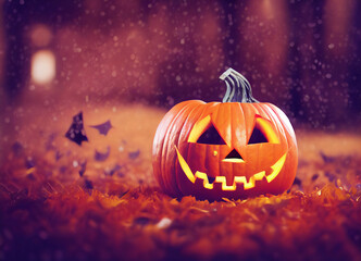 Obraz premium Halloween Jack-o'-lantern under the snow in a demonic night, 3D Illustration