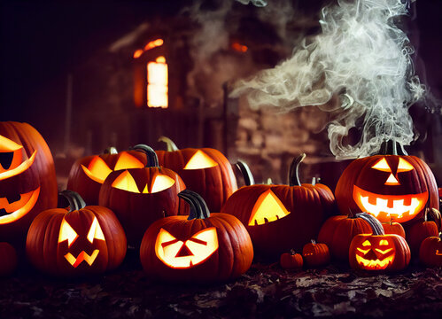 Set of demonic and luminous Halloween pumpkins, 3D Illustration