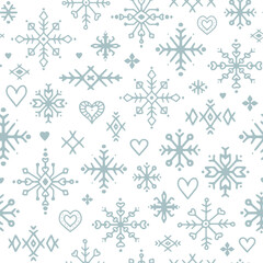 Naklejka na ściany i meble Snowflake seamless vector pattern. Background with blue festive Snowflakes and Scandinavian ornaments.