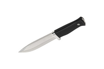 Modern hunting knife with silver blade and rubber handle. Steel arms. Isolate on a white back