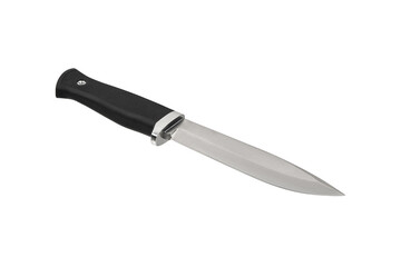 Modern hunting knife with silver blade and rubber handle. Steel arms. Isolate on a white back