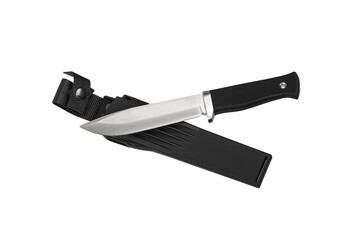 Modern hunting knife with silver blade and rubber handle. Steel arms. Isolate on a white back