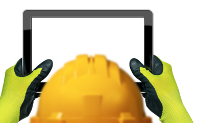 Construction worker with yellow hard hat and hands with protective gloves, holding an empty digital tablet, isolated on transparent background with copy space. Photography, png.