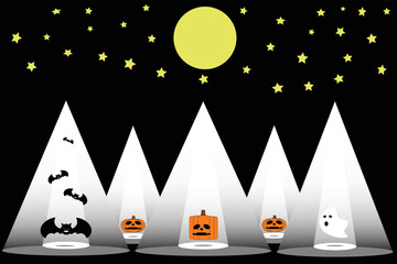 Halloween pumpkin bat and white ghost in the spotlight on black background