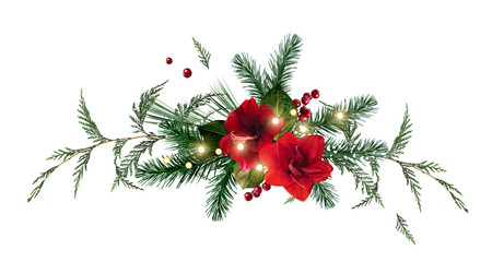 Fototapeta na wymiar Emerald christmas greenery, red poinsettia, amaryllis, spruce, fir, cedar, winter berry vector design garland