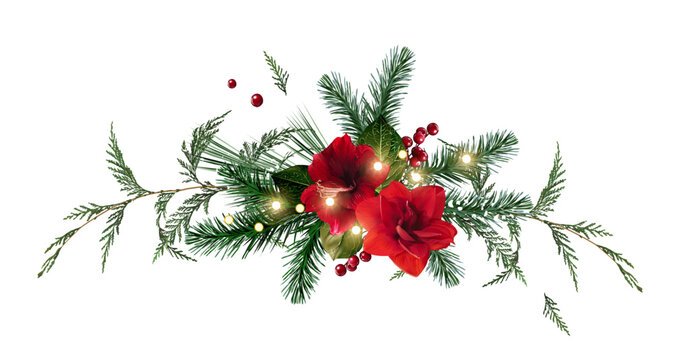 Emerald christmas greenery, red poinsettia, amaryllis, spruce, fir, cedar, winter berry vector design garland