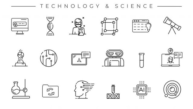 Set of black line icons on the theme of Technology and Science.