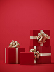 Minimal product background for Christmas, New year and sale event concept. Red gift box with golden ribbon bow on red background. 3d render illustration. Clipping path of each element included.