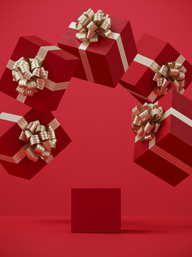 Minimal product background for Christmas, New year and sale event concept. Red gift box with golden ribbon bow on red background. 3d render illustration. Clipping path of each element included.