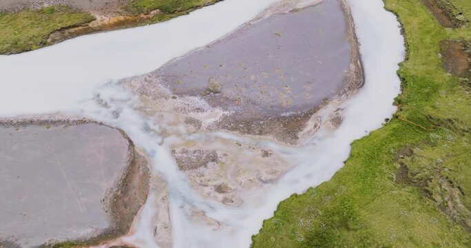 Aerial downward view of sandbanks in river Sanda in the highlands of Iceland.