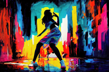 hip hop illustration for a dance contest, neon colors