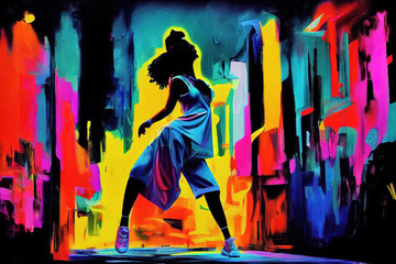 a woman in blue clothes dancing hip hop, dance contest poster, neon colors
