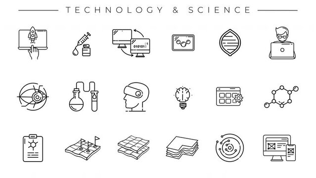 Black line animated icons on the theme of Technology and Science.