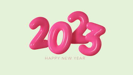 Happy New 2023 Year. Pink number made of plastic in the form of balloons. Realistic 3d render. Vector illustration