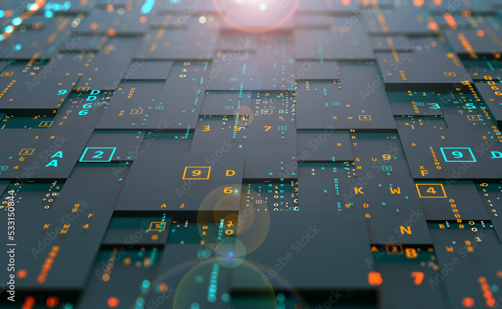 Poster Datum and coding. Blocks of information, big data and business technology. Blockchain 3D illustration. Cyberspace Current Code Flow