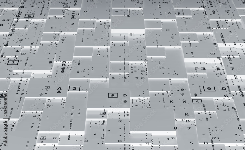 Poster Datum and coding. Blocks of information, big data and business technology. Blockchain 3D illustration. Cyberspace Current Code Flow