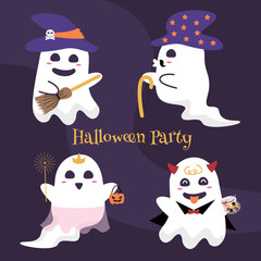 Four cute halloween ghosts illustration.
