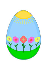 Vector single animal egg. Chicken egg with a flower pattern. Cheerful landscape