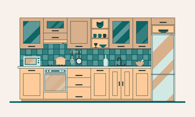 Modern kitchen interior, furniture, kitchenware and utensil. Food preparation equipment, appliances. Stylish vector flat illustration