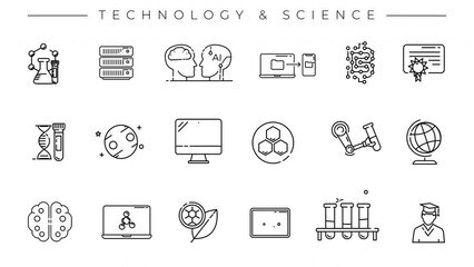 Animated black line icons on Technology and Science. - Powered by Adobe