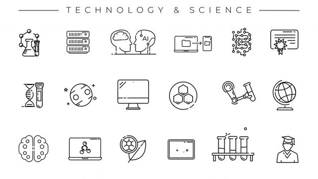 Animated black line icons on Technology and Science.