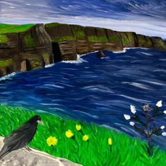 Poster Oil painting on canvas Beautiful Irish landscape with famous Irish landmark Cliffs of Moher, Atlantic ocean coastline and a black raven by artist Anastasiia Popova. Hand drawn Irish scenery © Anastasiia