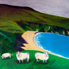 Oil painting Sheep on the beach by artist Anastasiia Popova. Hand drawn funny white sheep on Irish...