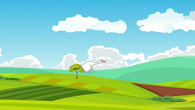 2d animation white goose flies over countryside landscape