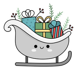 Vector colored kawaii sledge with Christmas presents, twigs. Cute winter sleigh illustration isolated on white background. New Year smiling sled with gifts. Funny cartoon holiday icon.