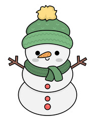 Vector colored kawaii snowman in hat and scarf. Cute Christmas character illustration isolated on white background. New Year or winter smiling snow man. Funny cartoon holiday icon.