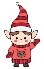 Vector colored kawaii elf in hat, mittens and sweater. Cute Christmas character illustration isolated on white. New Year or winter smiling dwarf. Funny cartoon holiday icon.