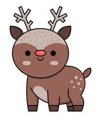 Vector colored kawaii deer. Cute Christmas animal character illustration isolated on white background. New Year or winter smiling little reindeer. Funny cartoon holiday icon.