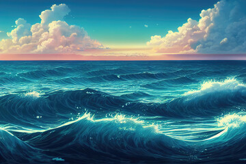 Naklejka premium anime landscape illustration with waves, shining waves