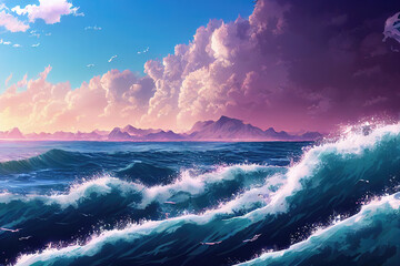 strong waves incoming on the ocean, anime illustration - obrazy, fototapety, plakaty