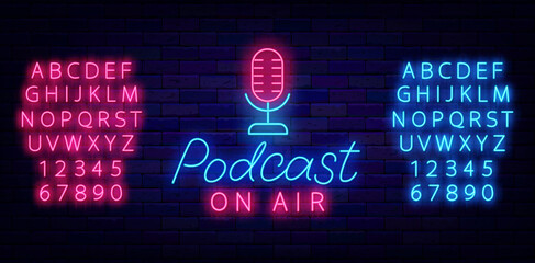 Podcast on air neon label. Microphone icon. Luminous blue and pink font. Streaming online. Vector stock illustration