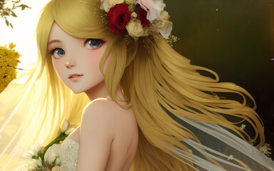 blonde hair Anime girl in a wedding dress